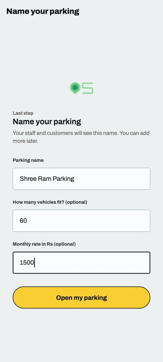 Sign up and add your parking: screen 2 of 2