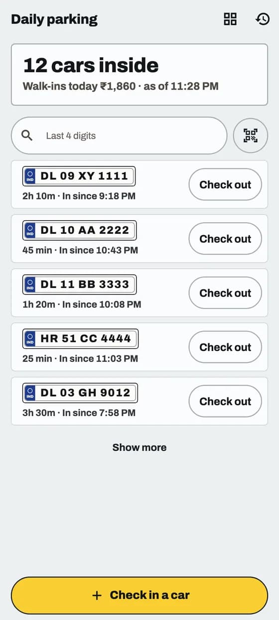 Check a car in: screen 1 of 3
